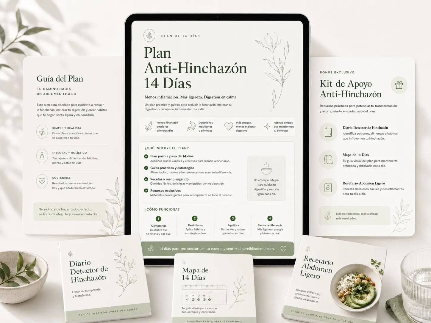 Plan Anti-Hinchazón 14 Días con guía, diario, mapa y recetario